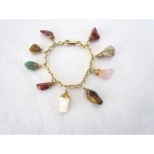 Vintage Polished Gemstone Charms Bracelet Dangle Stone 1960s 9 Stone Charms 7
